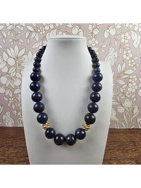 Susan Shaw Lapis Lazuli Beaded Statement Necklace Gold Tone